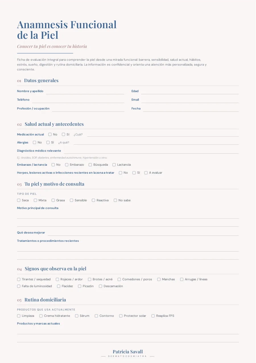 Vista previa de la ficha de Anamnesis Funcional de la Piel